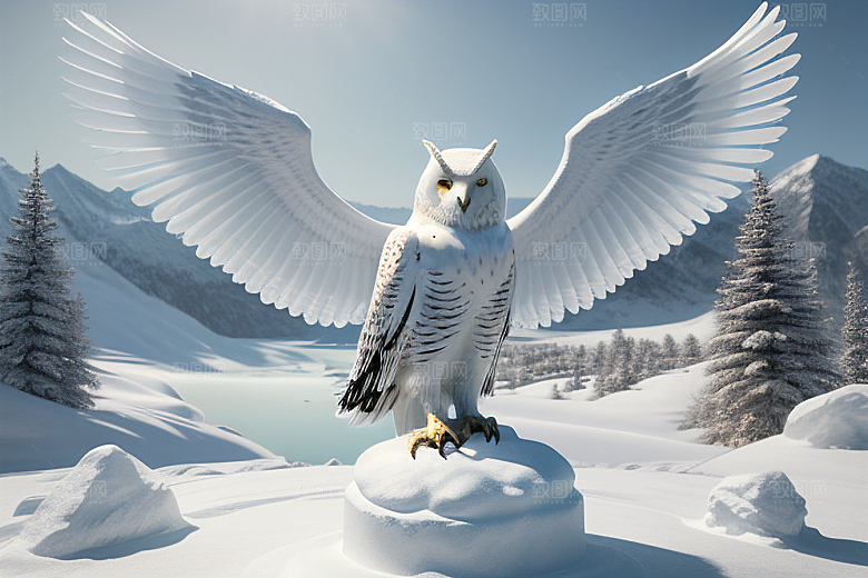 冰雪封印冷冽的幻影中的雪魄猫头鹰