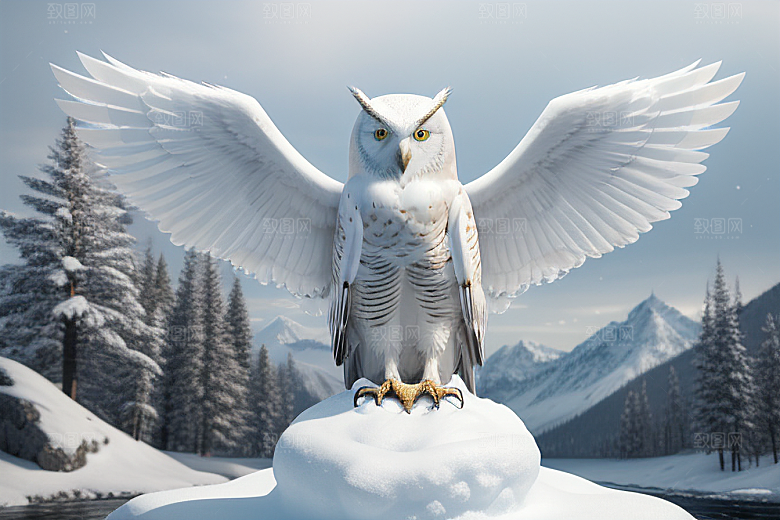 冰雪封印冷冽的幻影中的雪魄猫头鹰