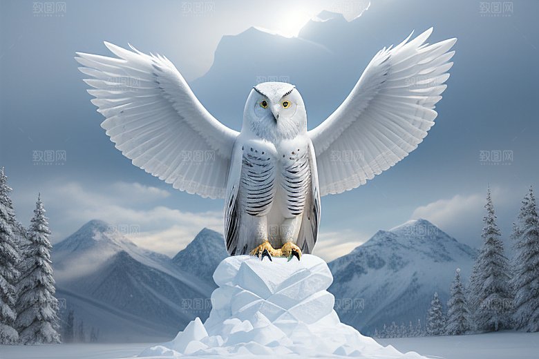 冰雪封印冷冽的幻影中的雪魄猫头鹰