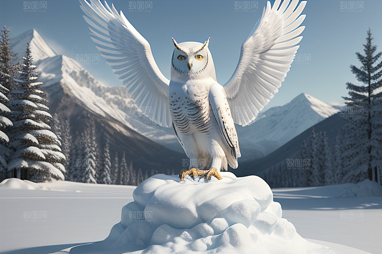 冰雪封印冷冽的幻影中的雪魄猫头鹰