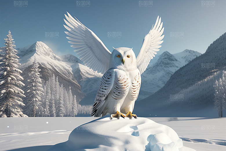 冰雪之魂对称面容的猫头鹰人像