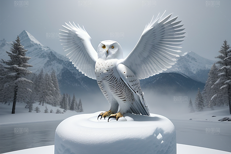 冰雪封印冷冽的幻影中的雪魄猫头鹰