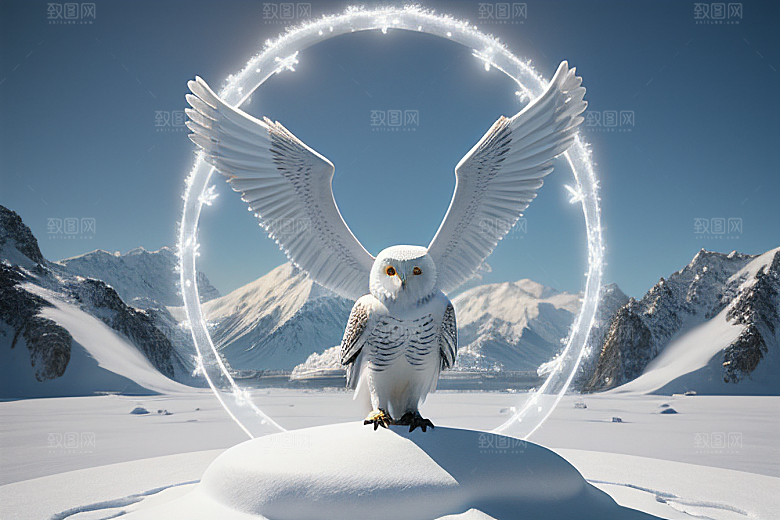 冰雪封印冷冽的幻影中的雪魄猫头鹰