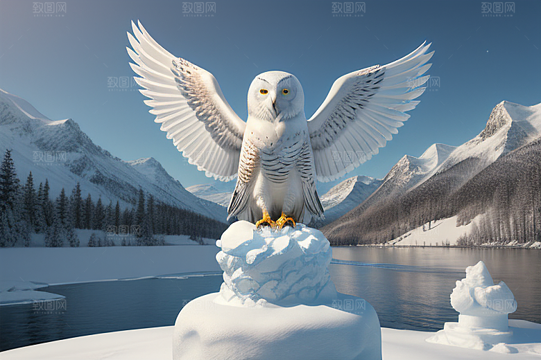 冰雪封印冷冽的幻影中的雪魄猫头鹰