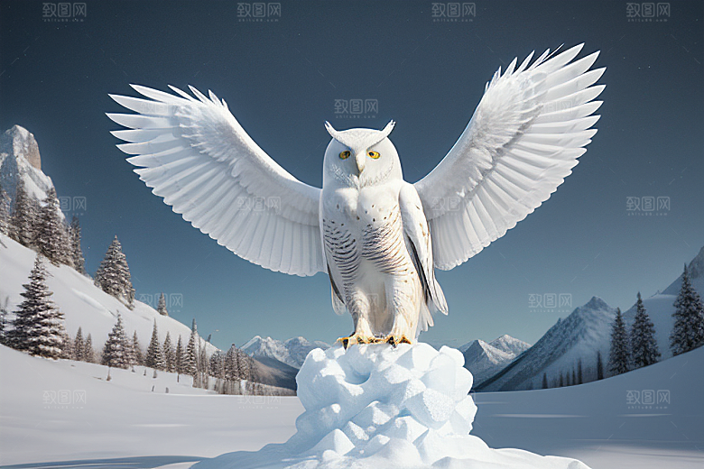 冰雪封印冷冽的幻影中的雪魄猫头鹰