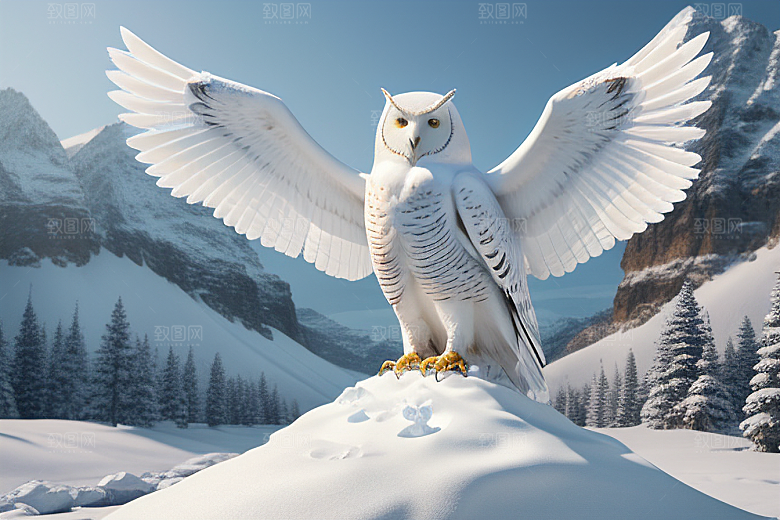 冰雪封印冷冽的幻影中的雪魄猫头鹰