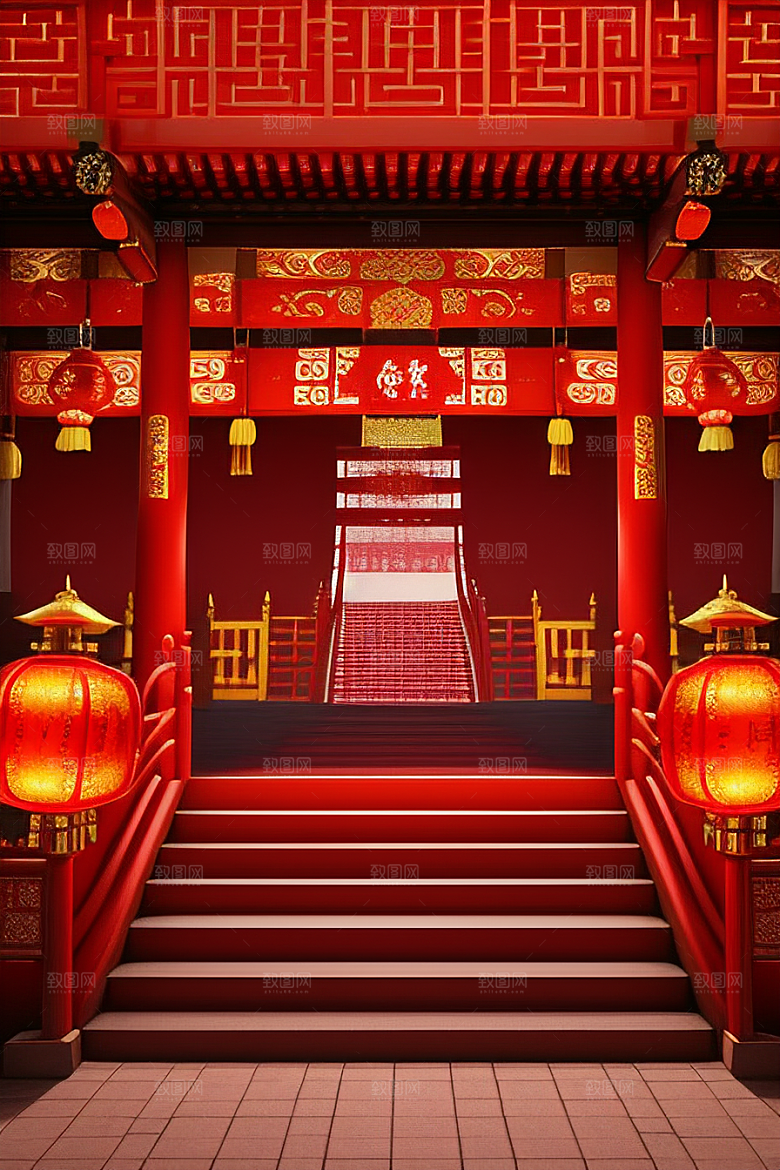 高大红色门楼的雄伟