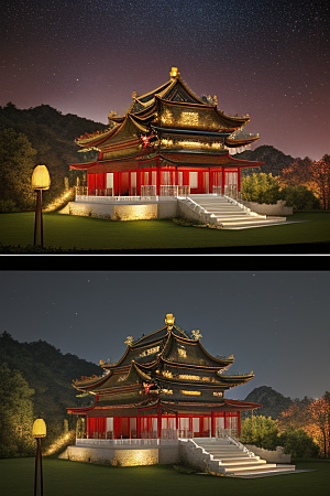金碧辉煌如梦似幻中国风宫殿插画