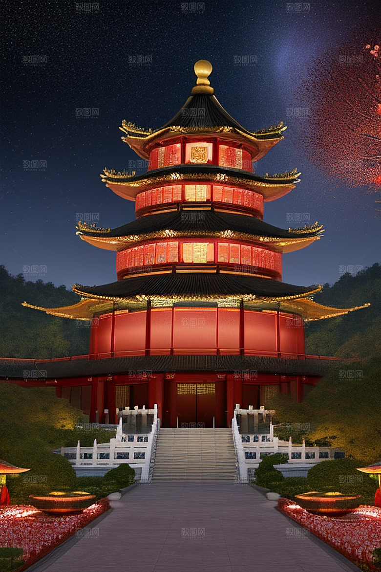 金碧辉煌如梦似幻中国风宫殿插画