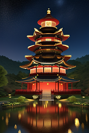 金碧辉煌如梦似幻中国风宫殿插画