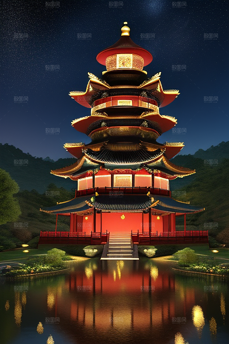 金碧辉煌如梦似幻中国风宫殿插画