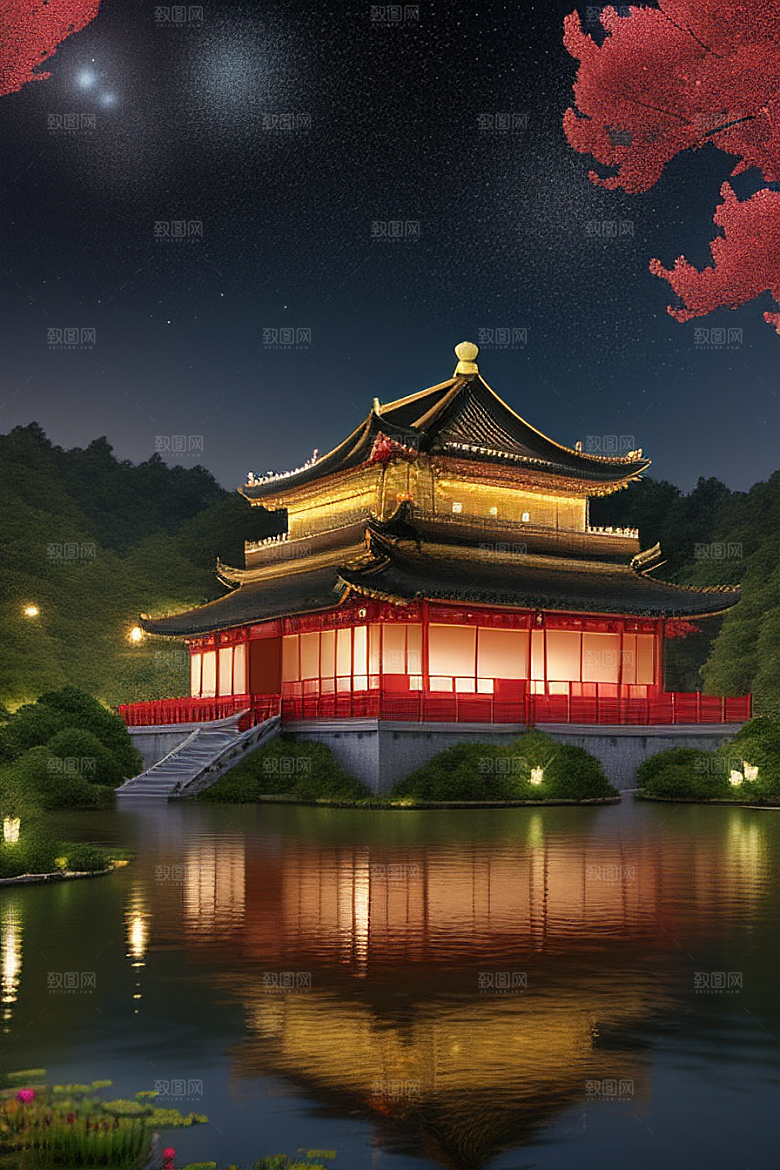 金碧辉煌如梦似幻中国风宫殿插画