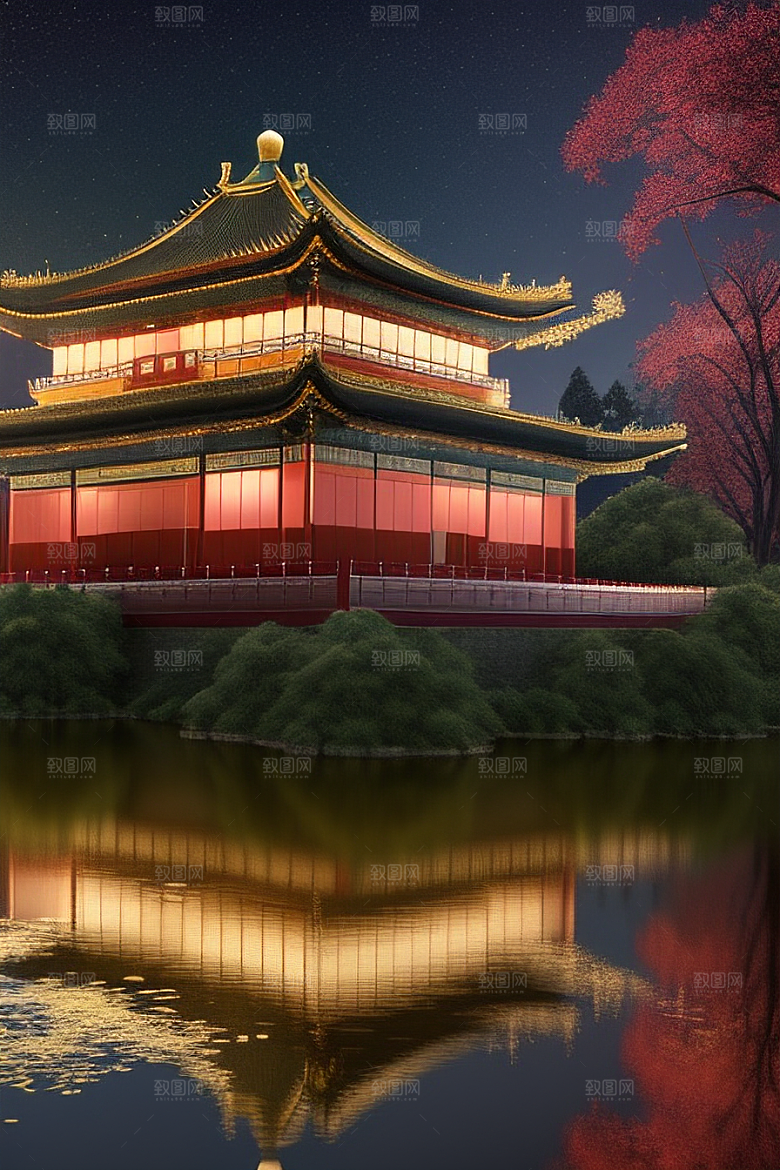 金碧辉煌如梦似幻中国风宫殿插画