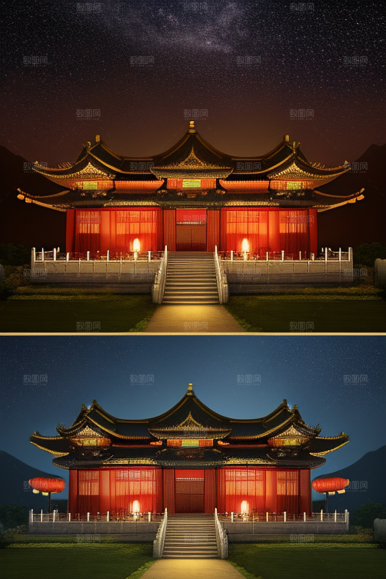 金碧辉煌如梦似幻中国风宫殿插画