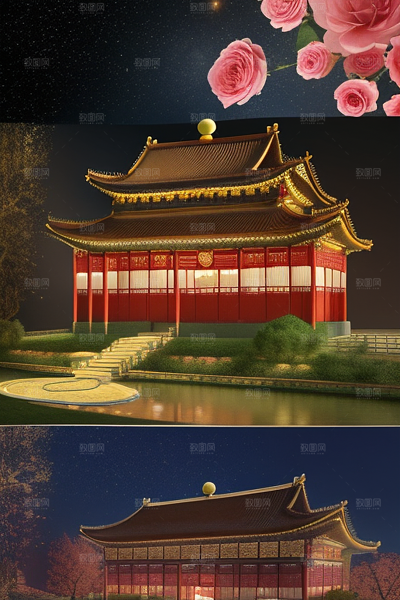 梦幻般的星空下中国风金宫殿