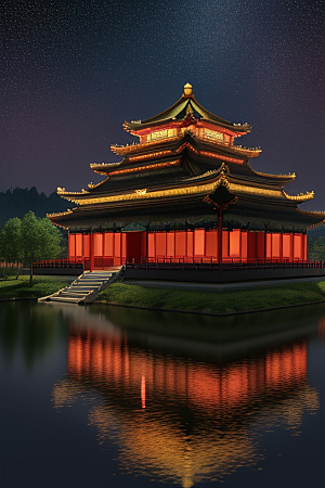 梦幻般的星空下中国风金宫殿