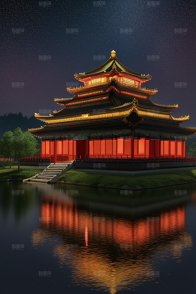 梦幻般的星空下中国风金宫殿