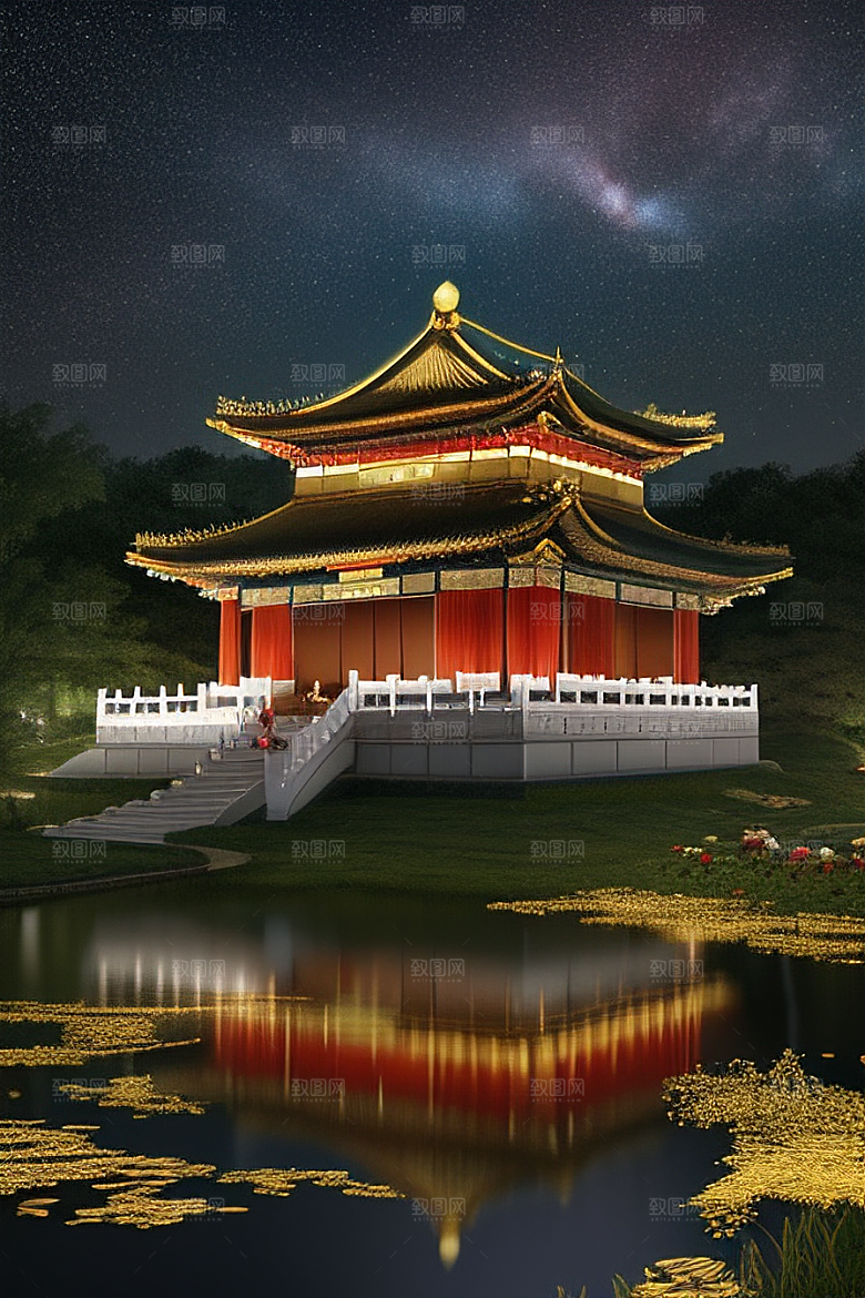 梦幻般的星空下中国风金宫殿
