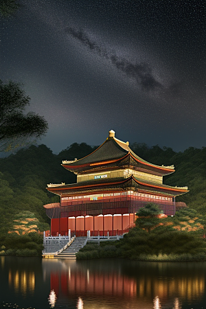 梦幻般的星空下中国风金宫殿