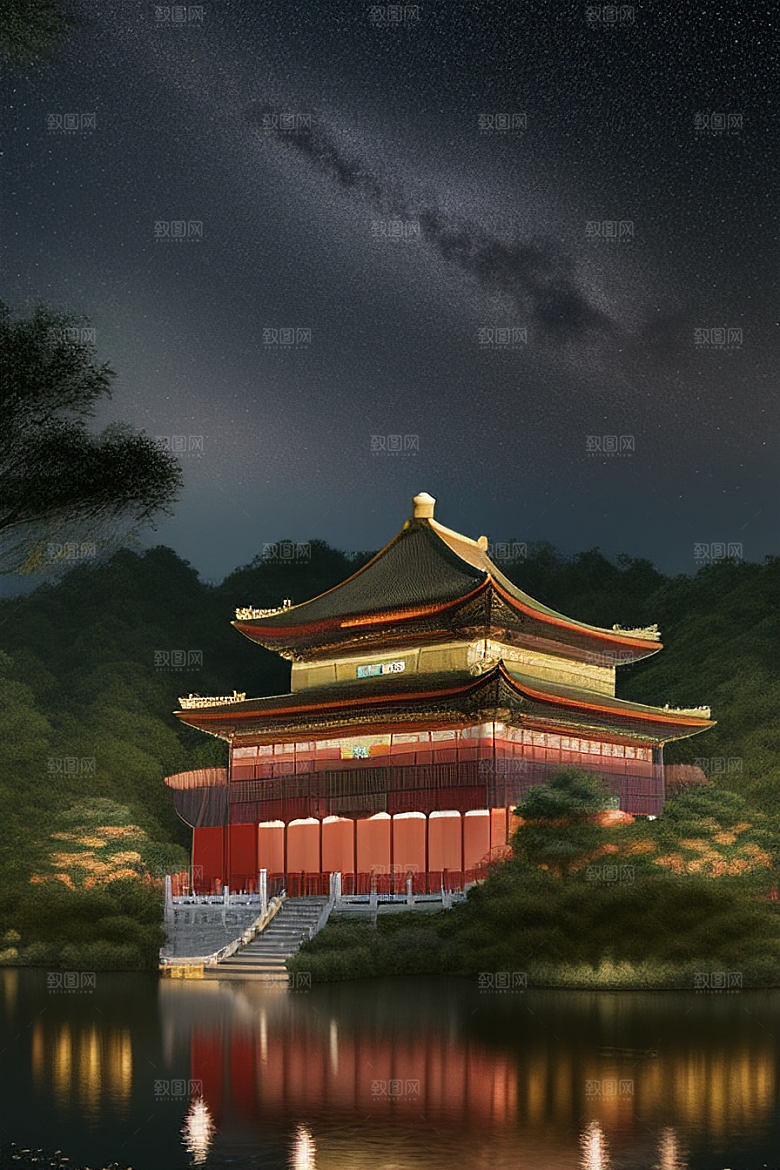 梦幻般的星空下中国风金宫殿