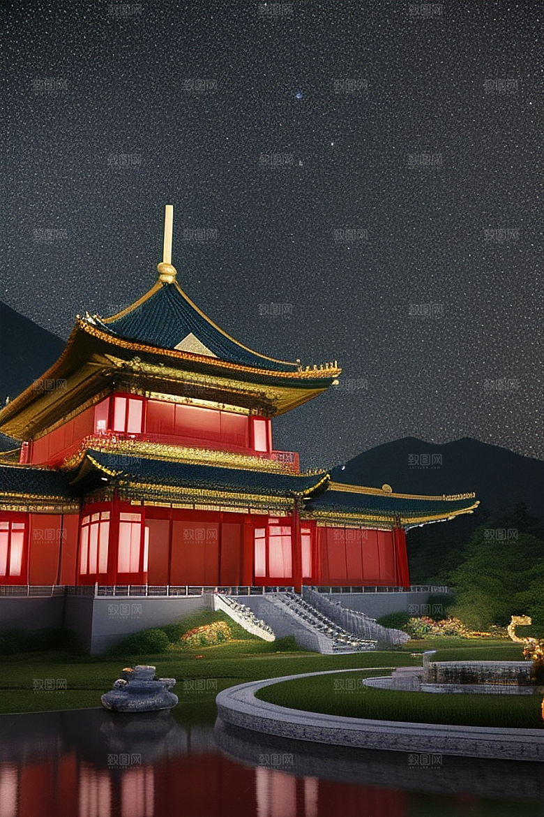 梦幻般的星空下中国风金宫殿