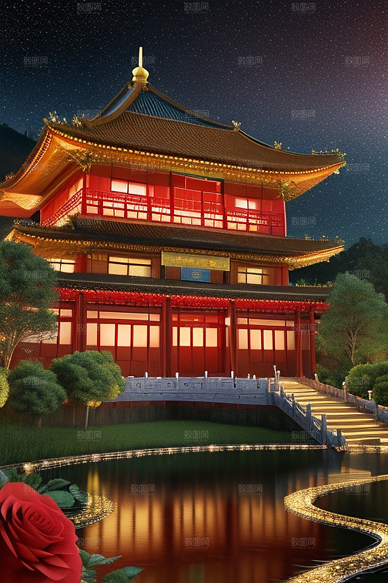 梦幻般的星空下中国风金宫殿
