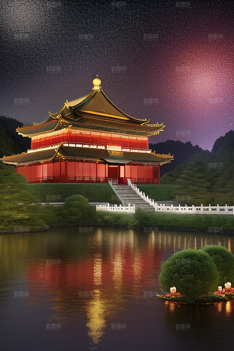 梦幻般的星空下中国风金宫殿