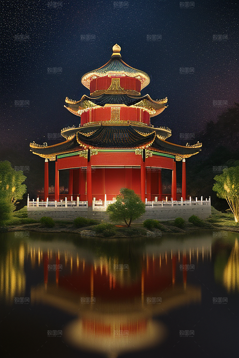梦幻般的星空下中国风金宫殿