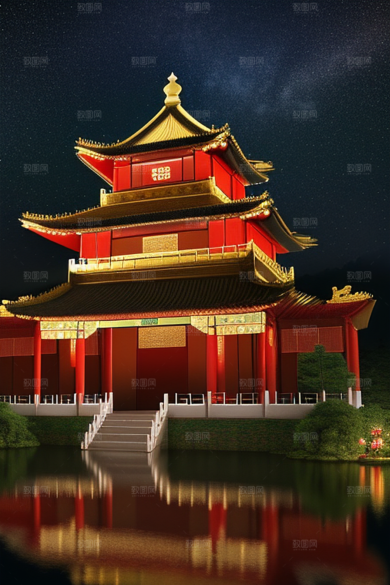 梦幻般的星空下中国风金宫殿