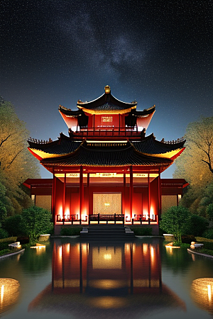 梦幻般的星空下中国风金宫殿