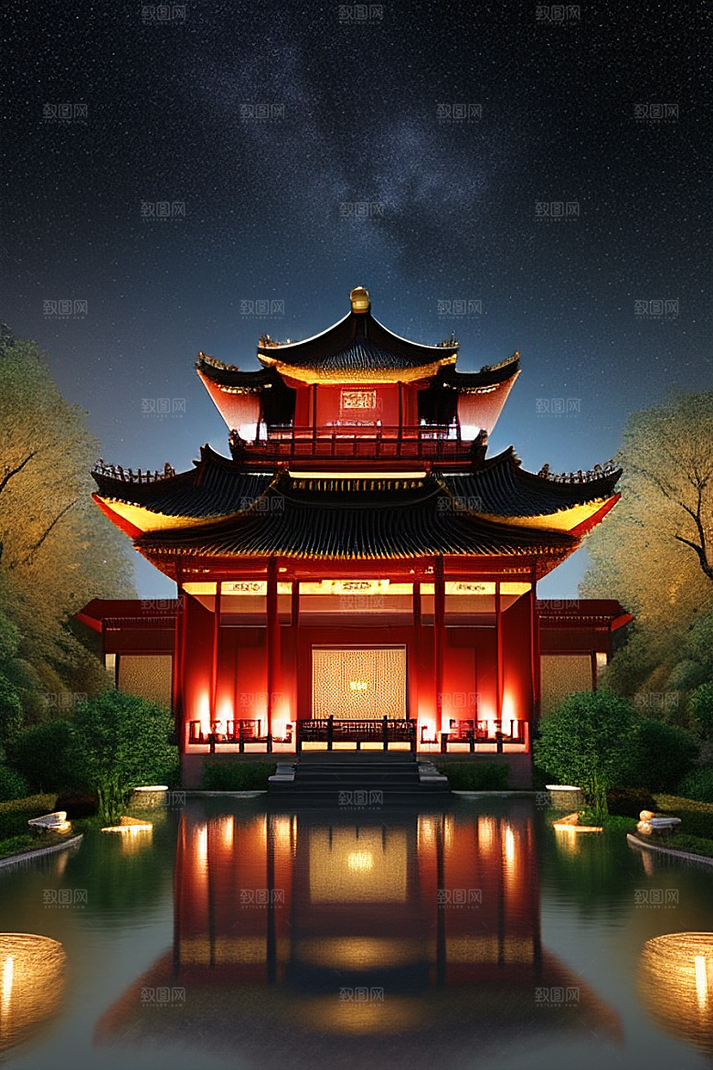 梦幻般的星空下中国风金宫殿