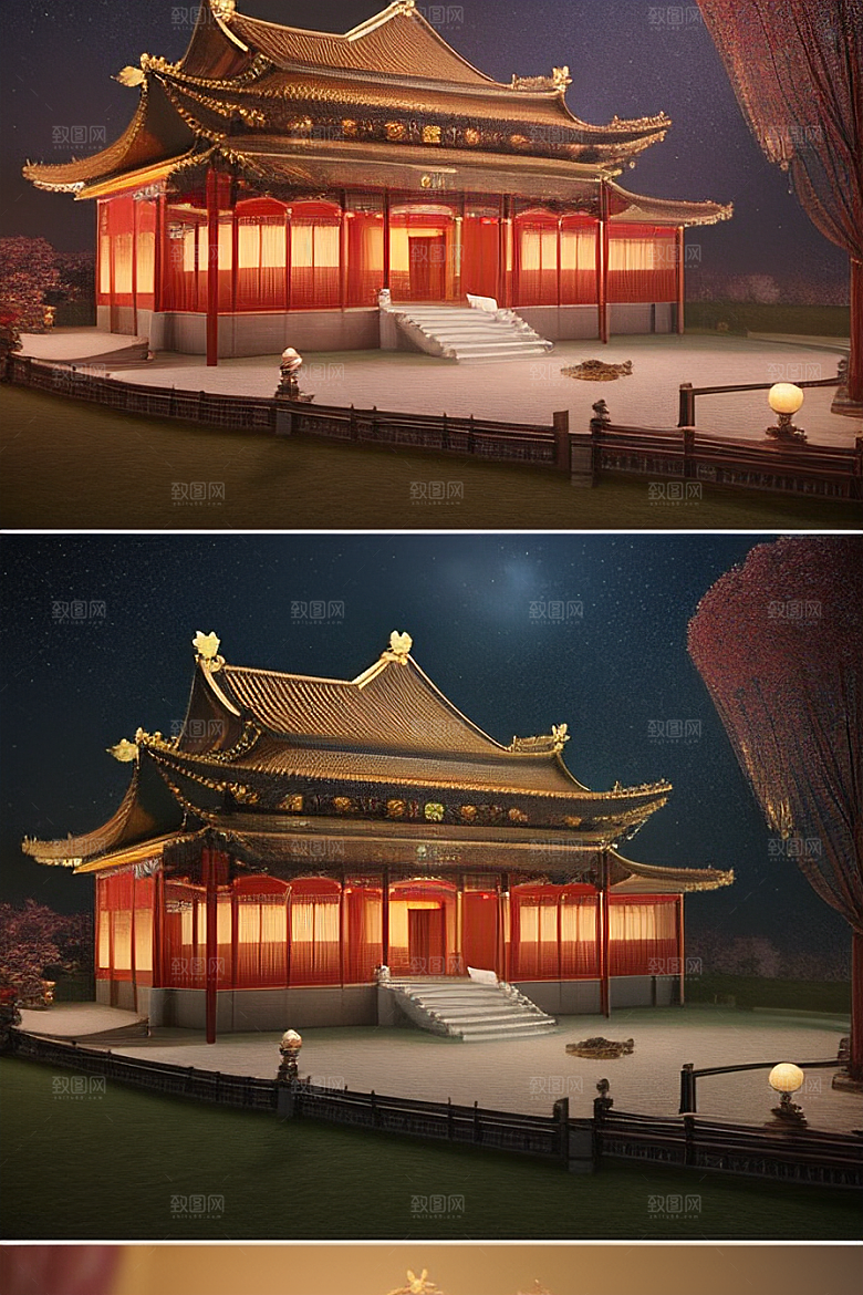 梦幻般的星空下中国风金宫殿