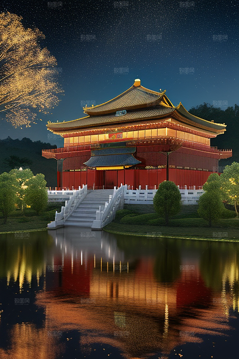 梦幻般的星空下中国风金宫殿