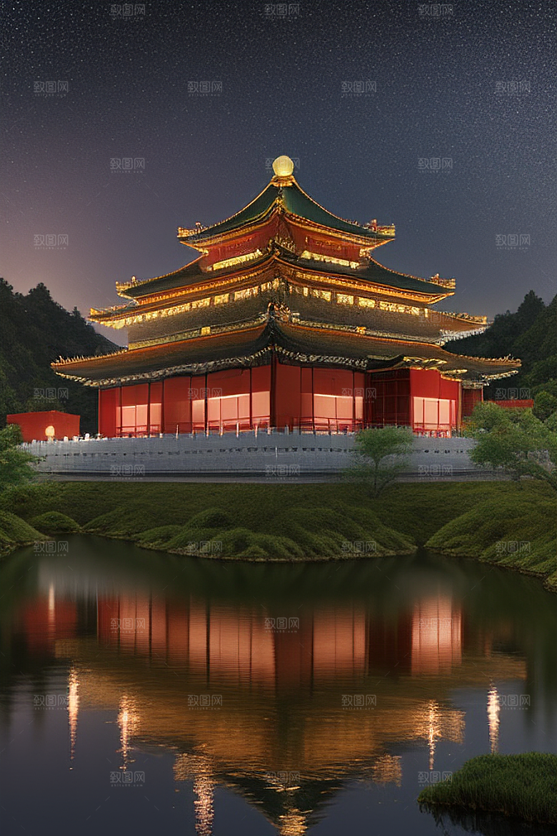 梦幻般的星空下中国风金宫殿