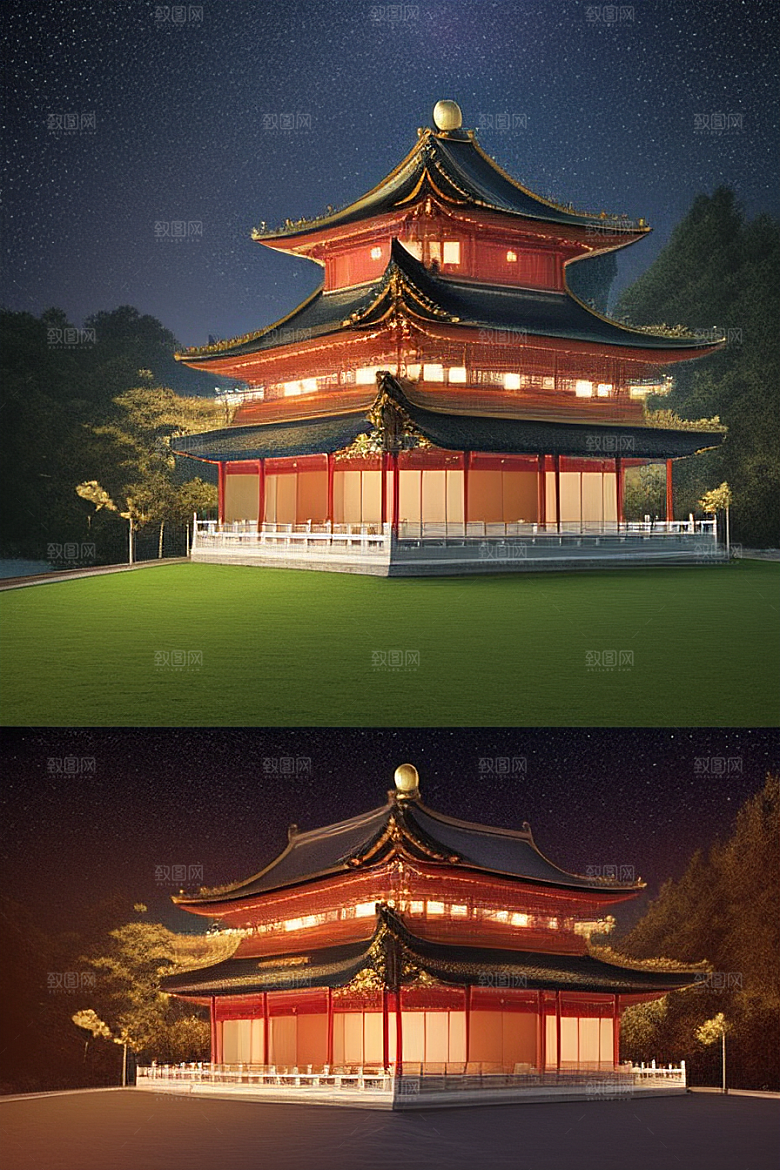 梦幻般的星空下中国风金宫殿