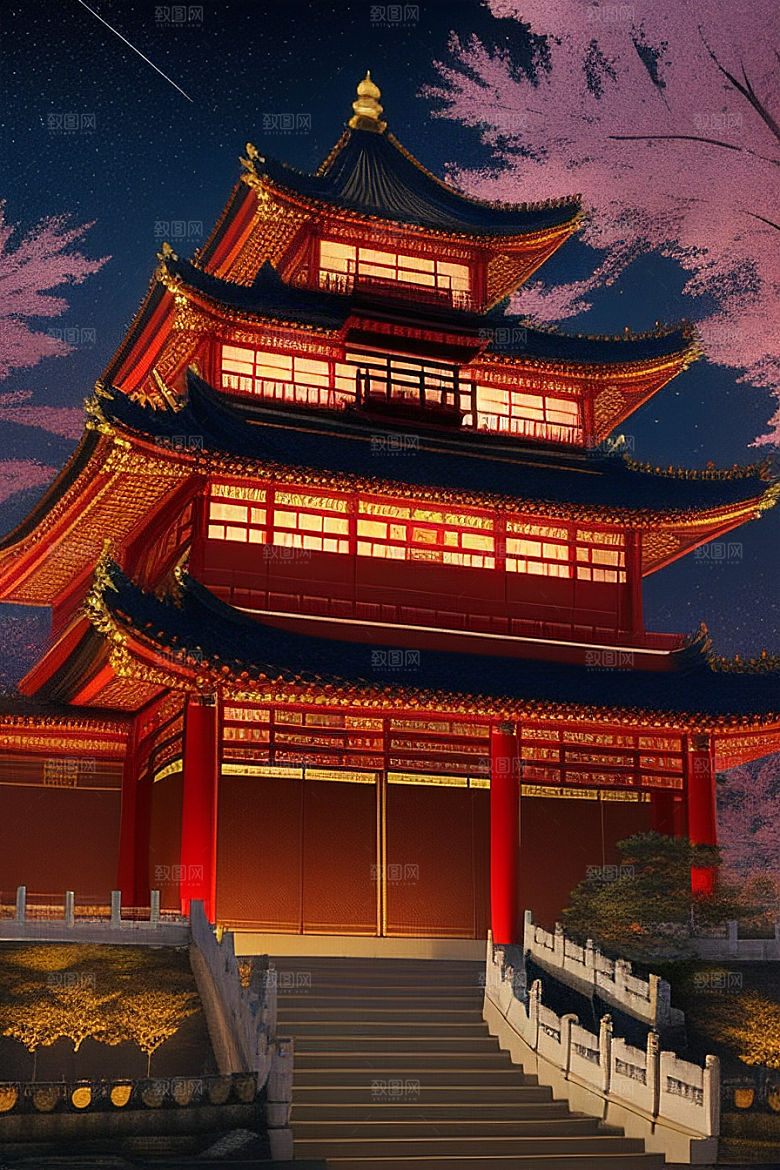 金碧辉煌如梦似幻中国风宫殿插画