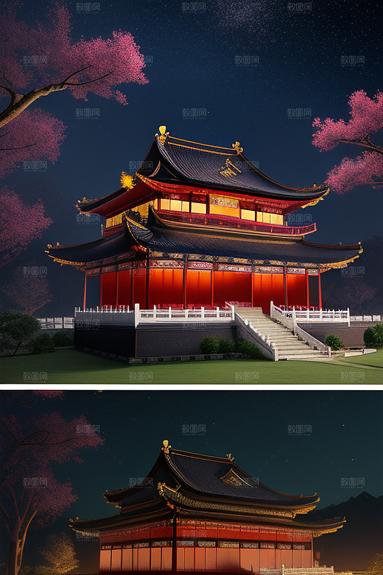 金碧辉煌如梦似幻中国风宫殿插画