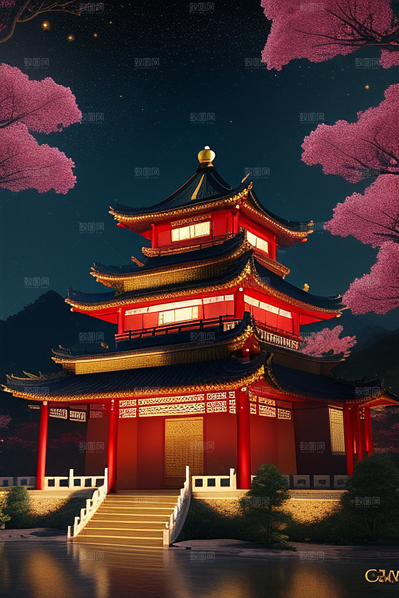 金碧辉煌如梦似幻中国风宫殿插画