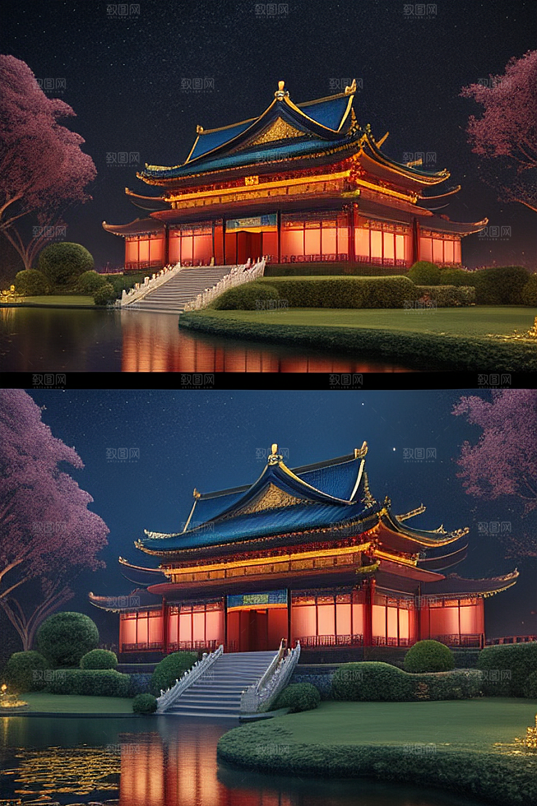 金碧辉煌如梦似幻中国风宫殿插画
