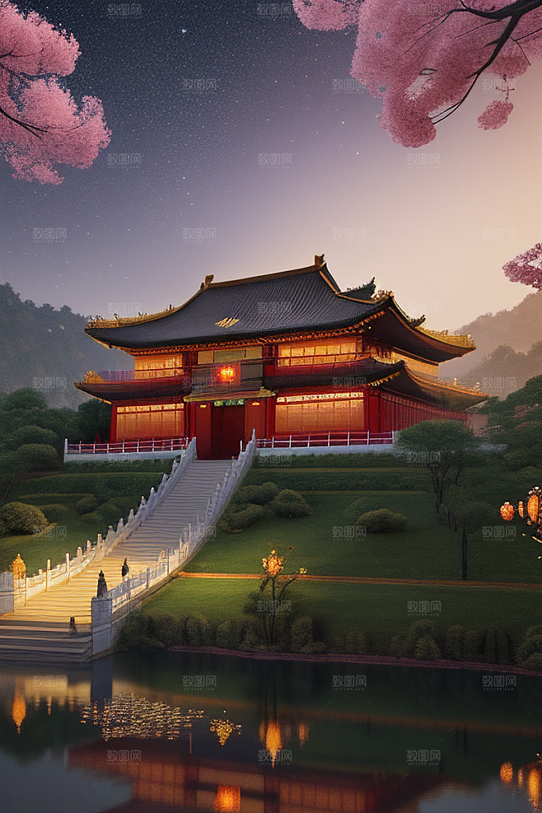 金碧辉煌如梦似幻中国风宫殿插画