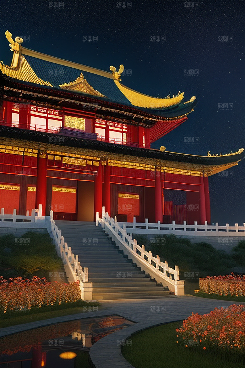 金碧辉煌如梦似幻中国风宫殿插画