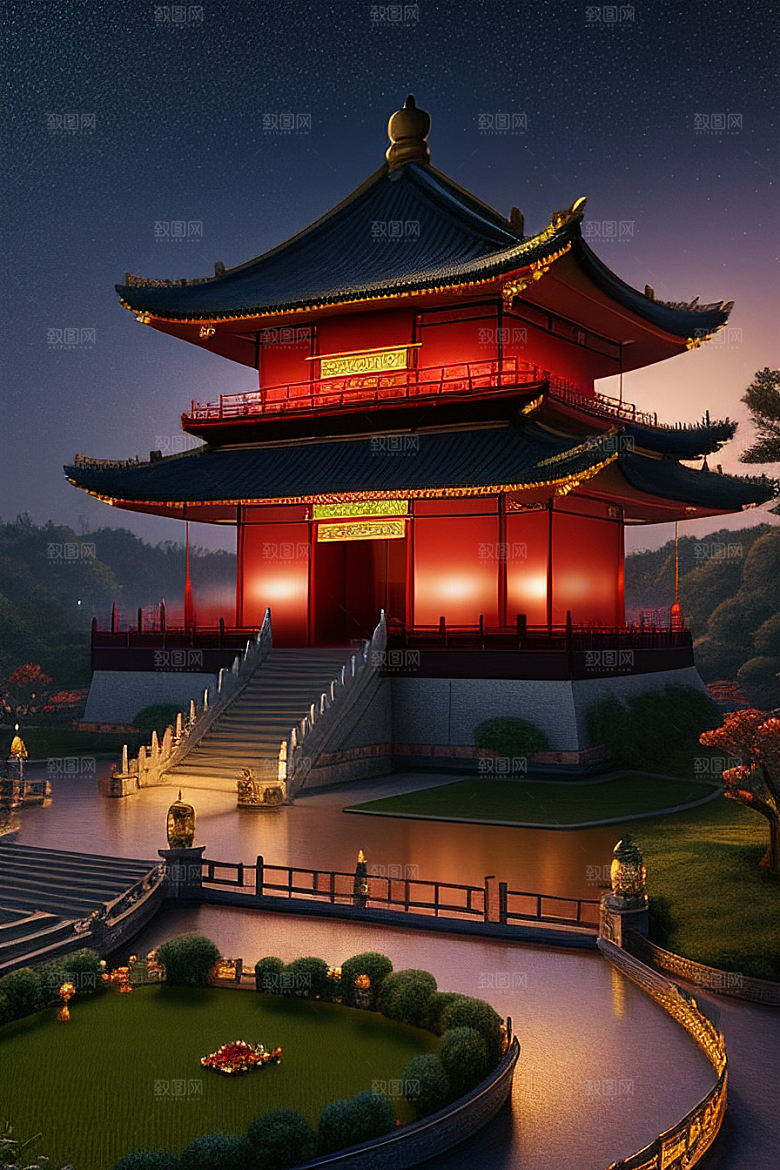 金碧辉煌如梦似幻中国风宫殿插画
