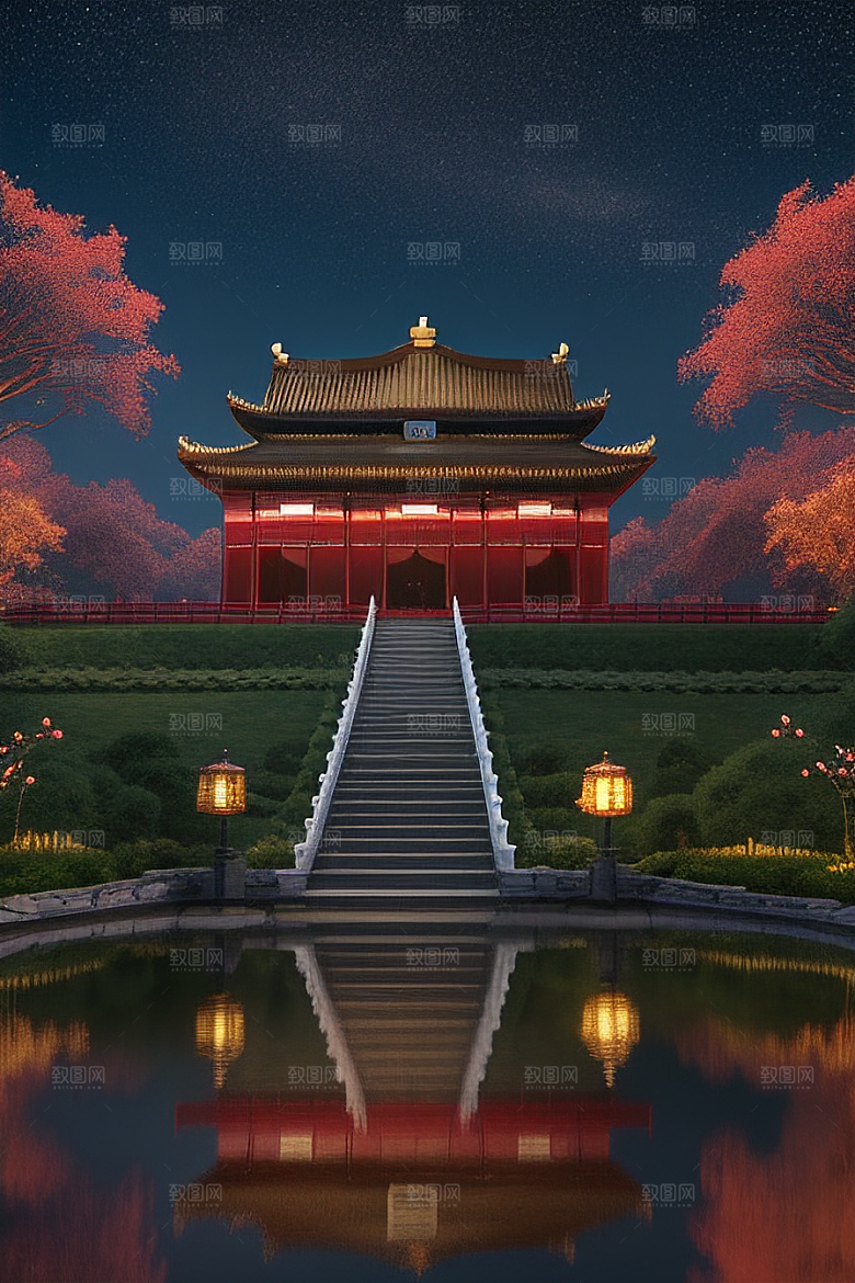 金碧辉煌如梦似幻中国风宫殿插画