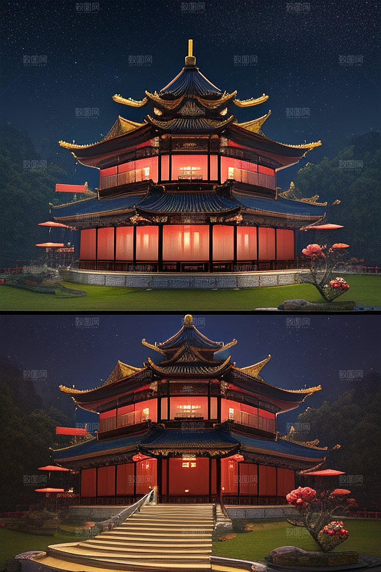 金碧辉煌如梦似幻中国风宫殿插画