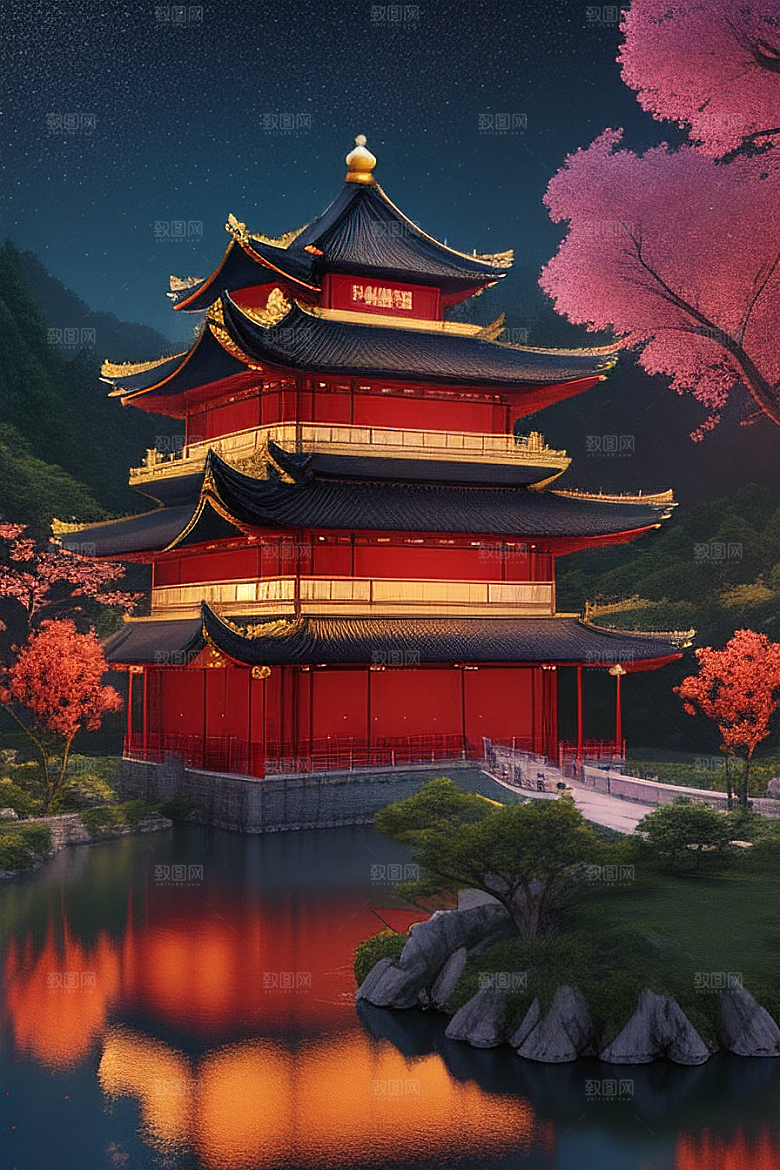 金碧辉煌如梦似幻中国风宫殿插画