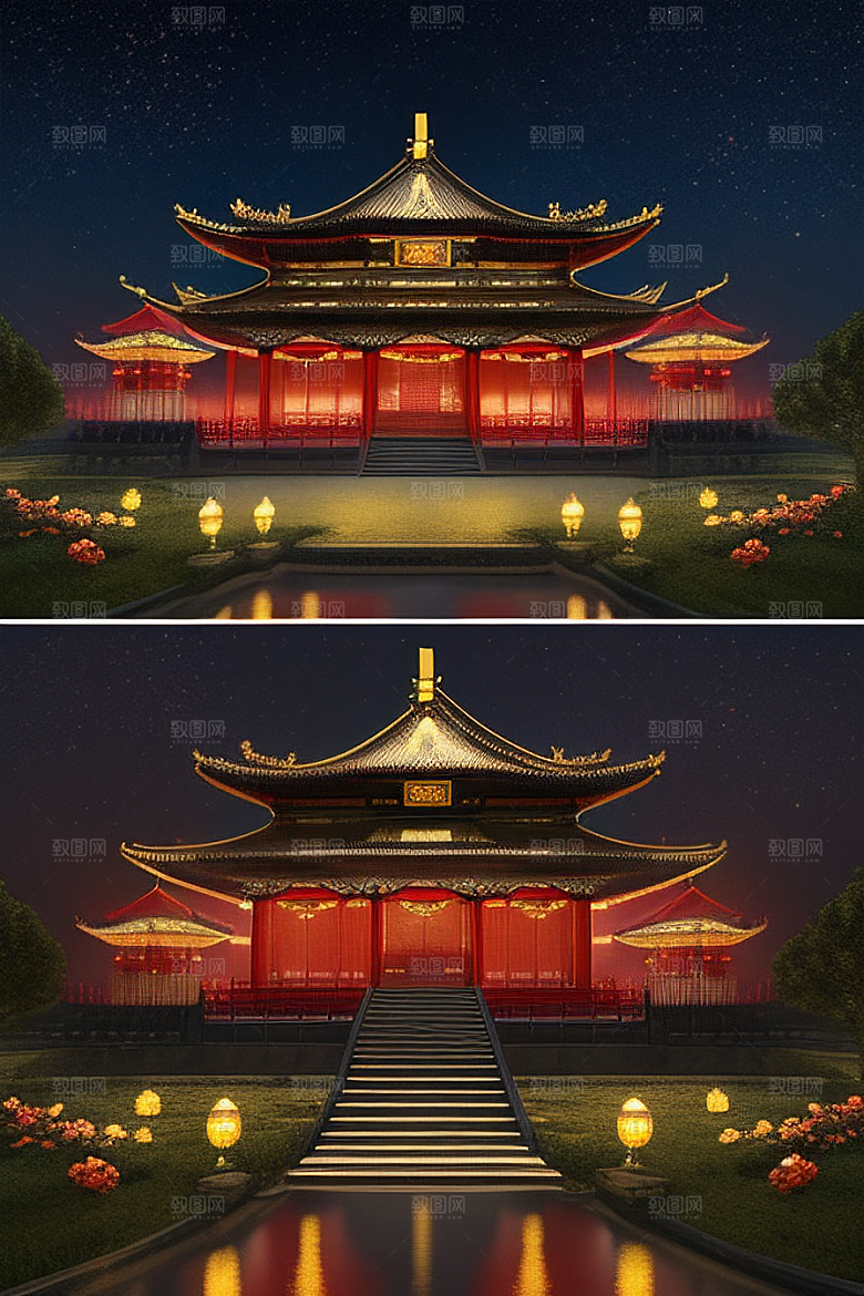 金碧辉煌如梦似幻中国风宫殿插画
