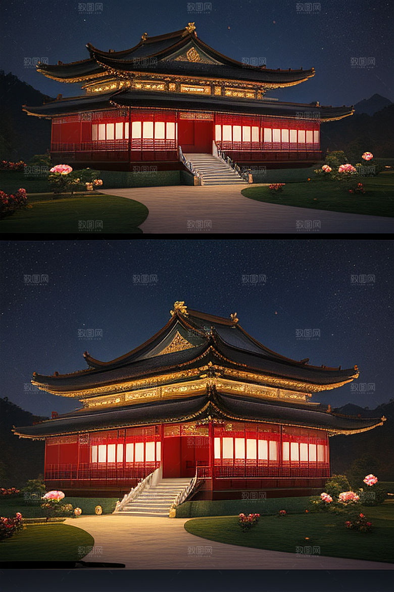 金碧辉煌如梦似幻中国风宫殿插画