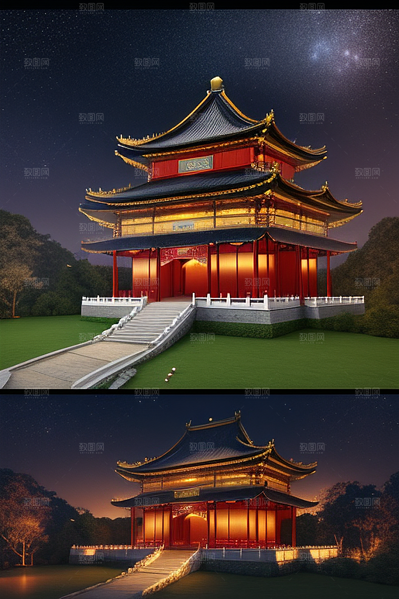 金碧辉煌如梦似幻中国风宫殿插画