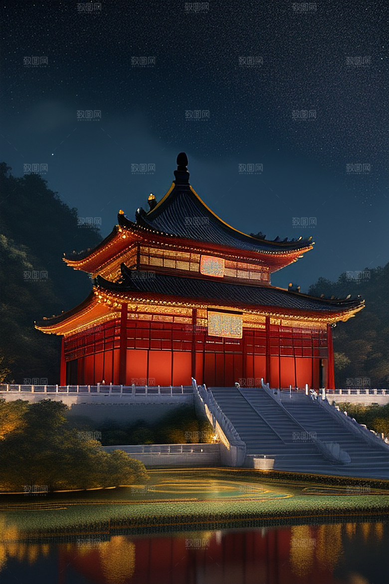 金碧辉煌如梦似幻中国风宫殿插画
