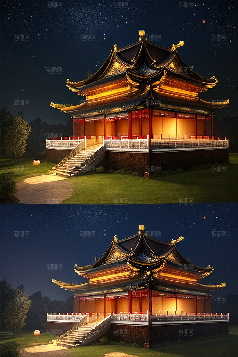 金碧辉煌如梦似幻中国风宫殿插画